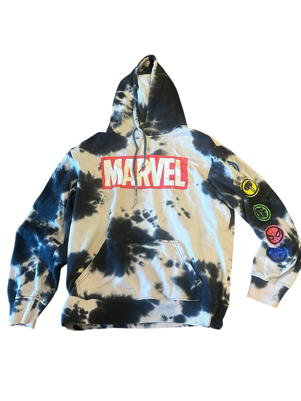 Marvel Black & Cream Tie-Dye Pullover Hoodie with Colorful Sleeve Patches large